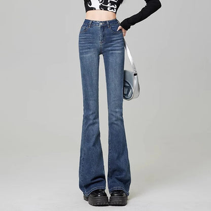 Women Vintage High Street Bell Bottom Jeans Lady Sexy Slim Fit Denim Flare Pants Deep Blue Light Blue Black Blue Gray Trousers