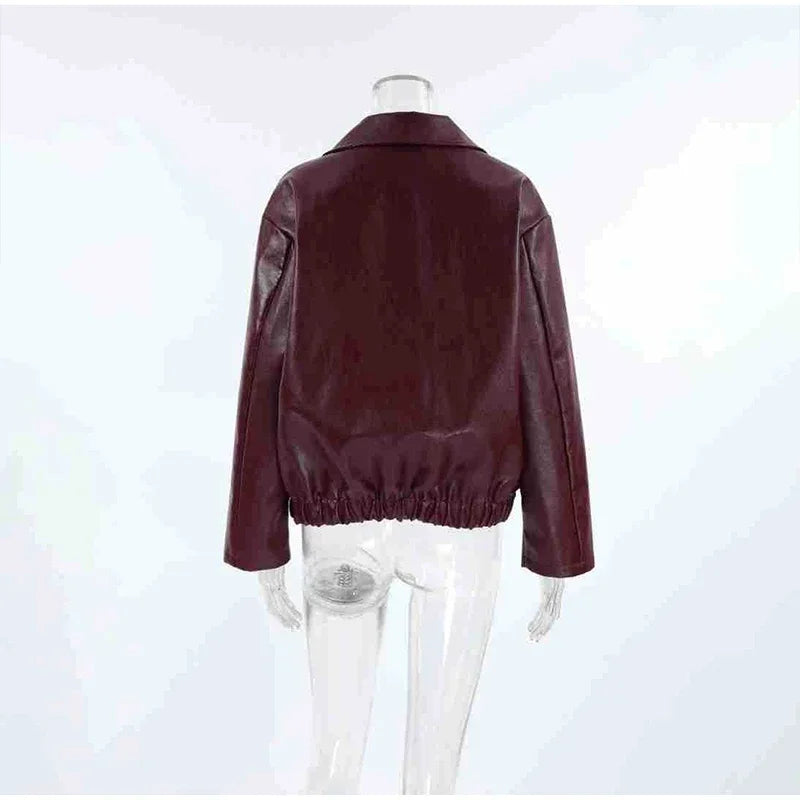 Zekye Spring Summer Women Jackets Fashion Lapel Zipper Long Sleeve Female Coats Lady Street Outwear Burgundy Leather Jacket