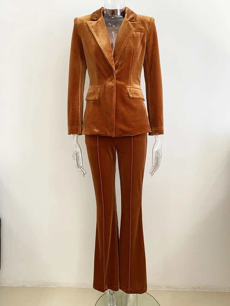 HIGH STREET Newest 2025 Grace Muse F/W Designer Suit Set Women's Single Button Velvet Blazer Flare Pants Set 2pcs
