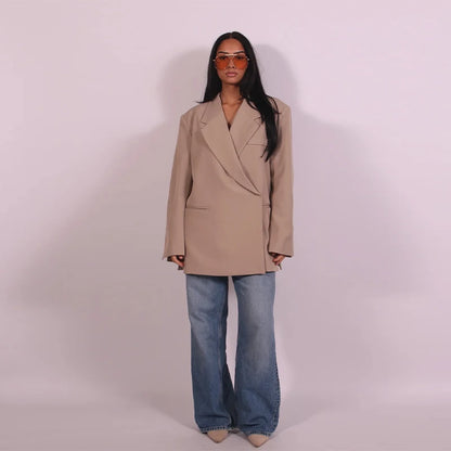 Fashion Lapel Suit Jacket Women Casual Loose Short Sleeve Office Lady Coat 2025 New Chic Autumn Single Button Oversize Jacket