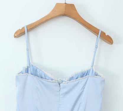 European and American style French niche slim fit suspender dress women's summer satin three-layer three-dimensional steel ring