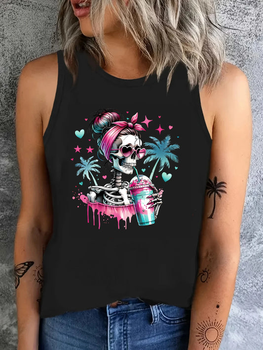 Skull Print Vest T-shirt Gothic Tshirt Graphic Print Tank Top Women’s Sleeveless Crew Neck