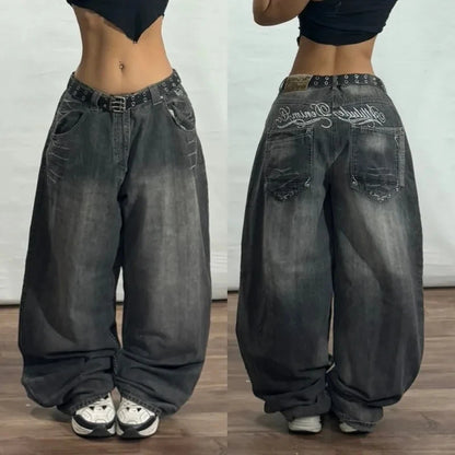 Harajuku Vintage Hip-hop Pop Letters Embroidered Washed Baggy Jeans Ladies Y2K Gothic Fashion Casual High Waist Wide Leg Pants