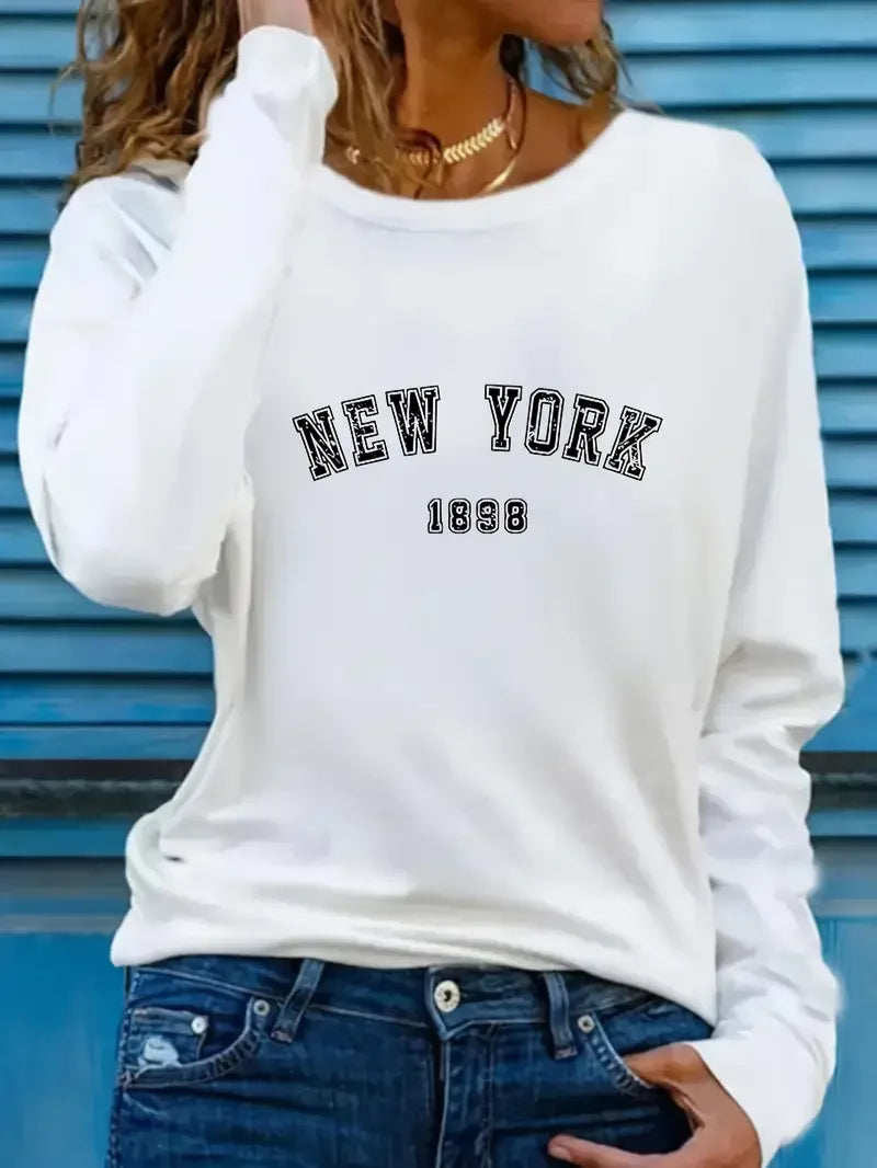 Casual Crew Neck T-Shirt New York Letter Print 90s Long Sleeve Crew Neck T Shirt for Women Y2k Top Tee