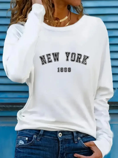 Casual Crew Neck T-Shirt New York Letter Print 90s Long Sleeve Crew Neck T Shirt for Women Y2k Top Tee