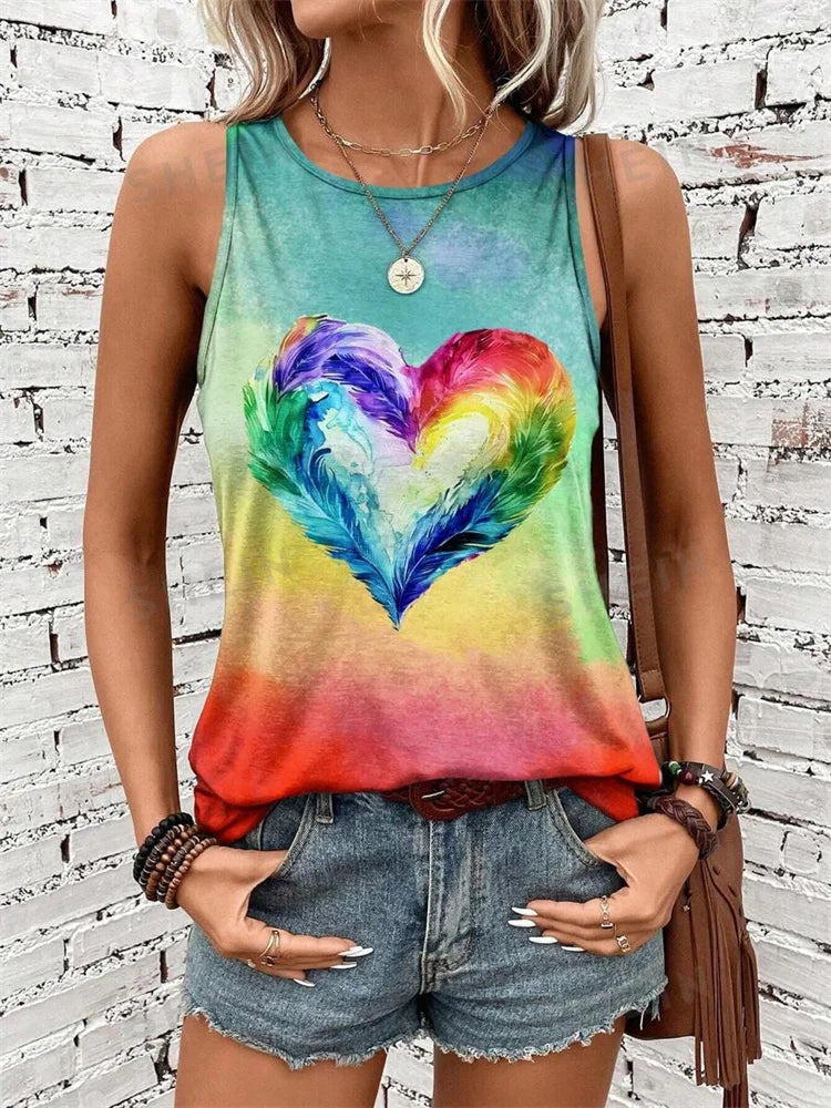 Gradual Color Print Women's Casual Tank Top Street Fashion Women's Crew Neck Tank Top Summer Outdoor Beach Sleeveless T-shirt