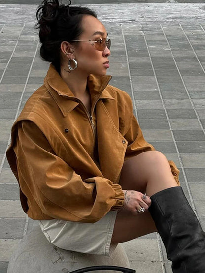 Locomotive Lapel Suede Jacket Women Lantern Long Sleeve Loose Fitting Patchwork Pilot Coats New Early Autumn Cool Girl Outerwear