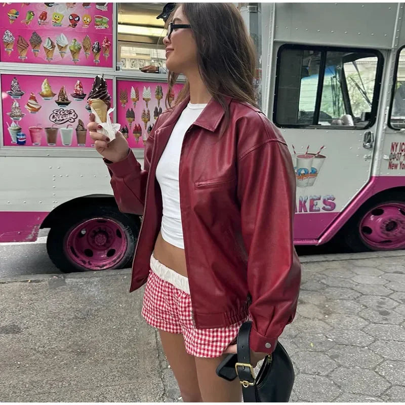 Zekye Spring Summer Women Jackets Fashion Lapel Zipper Long Sleeve Female Coats Lady Street Outwear Burgundy Leather Jacket