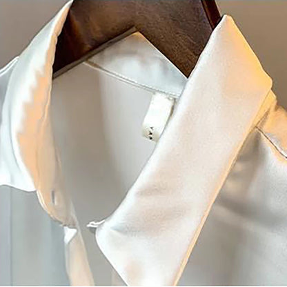 Elegant Black White Shirt Women Spring Autumn Long Sleeve Silk Satin Blouses For Women Fashion Turn Down Collar Button Shirt