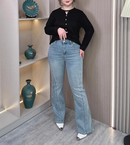 Plus Size Women's High Waisted Slim Flared Jeans 2025 Spring Stretch Denim Pants Curvy Premium Slimming & Lengthening Design