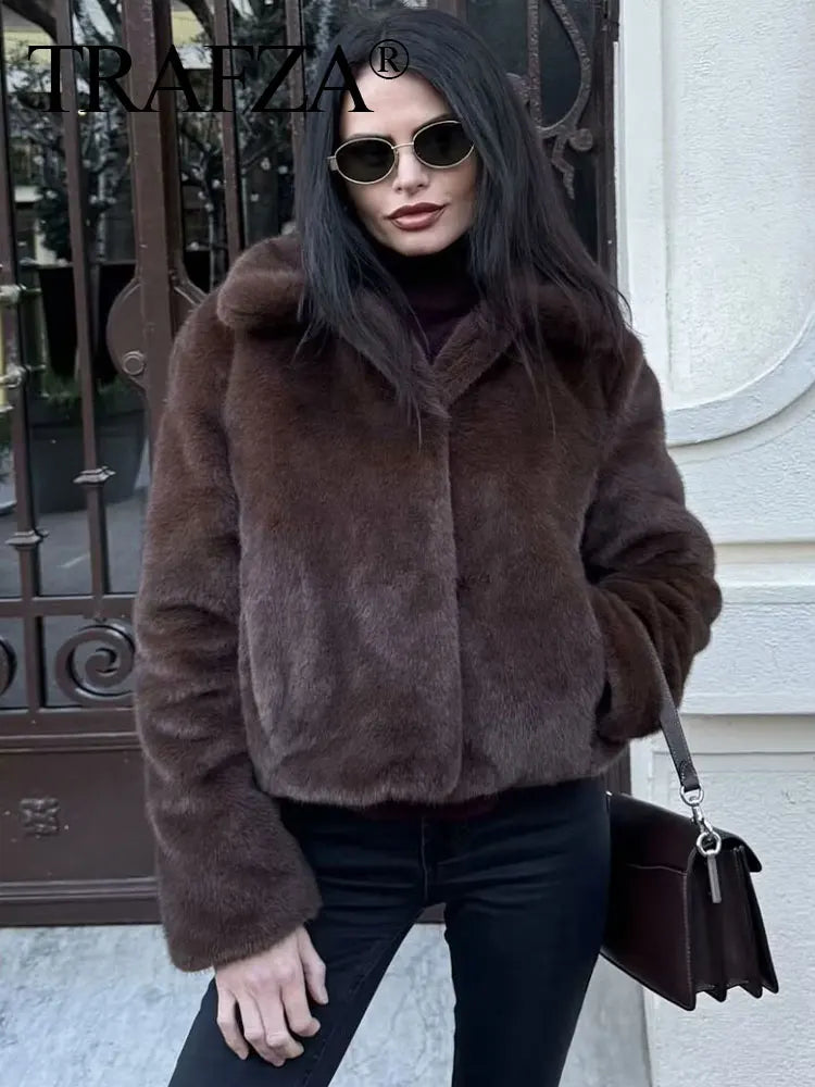TRAFZA Vintage Women's New Faux Fur Coat Solid Lapel Long Sleeve Pockets 2025 Winter Female Jackets Streetwear Woman Outwear