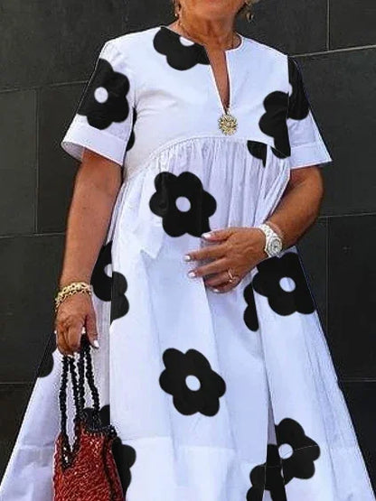 UOOZEE 2025 Summer Elegant Floral Printed Pleated A-line Dress For Women V-Neck Short Sleeves Loose British Style Midi Dresses