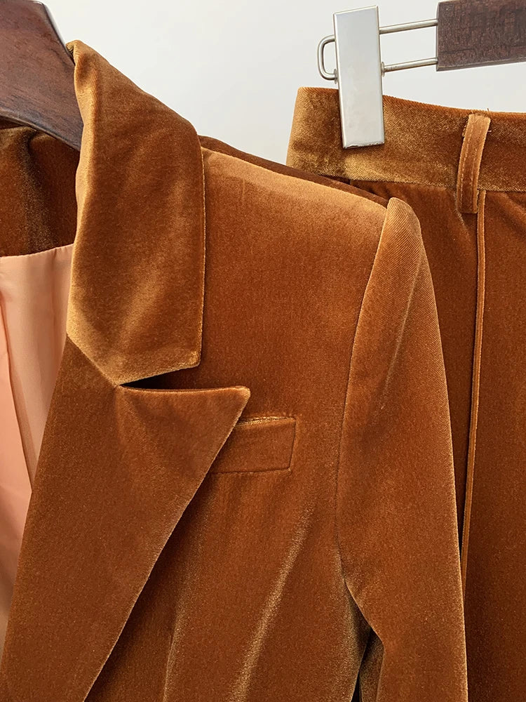 HIGH STREET Newest 2025 Grace Muse F/W Designer Suit Set Women's Single Button Velvet Blazer Flare Pants Set 2pcs