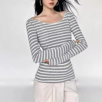 Y2K Grunge Emo 00s Vintage T-Shirt Black Grey Striped Off Shoulder Long Sleeve Jumper Top Chic Women Autumn Retro Goth Tee Shirt
