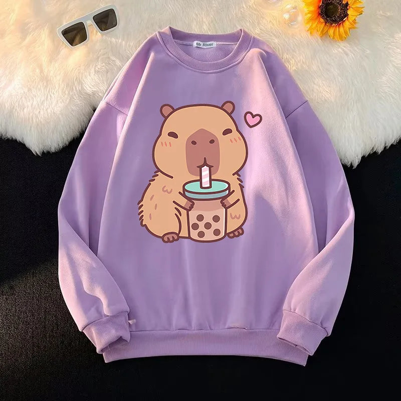 Crew Neck Capybara Hoodie O-Neck Fashion Women Cartoon Harajuku Aesthetic Graphic Hoodies Vintage Pullovers Sweatshirts