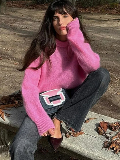 Fluffy Mohair Crew Neck Slouchy Sweater Soft Textured Loose Fit 2025 Autumn Cozy Chic Women Knit Top Casual Sweet Lady Jumper