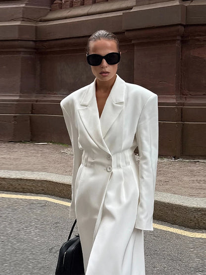 Street Fur Long Women's Jacket Long Sleeve Shoulder Pad Lapel Femal Coat 2025 Autumn Fashion Solid Double Buckle Lady Outwears