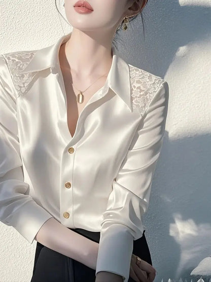 Women's Satin White Shirt And Blouses Casual Long Sleeve Button up Elegant Top All-match French Style Solid Blouses