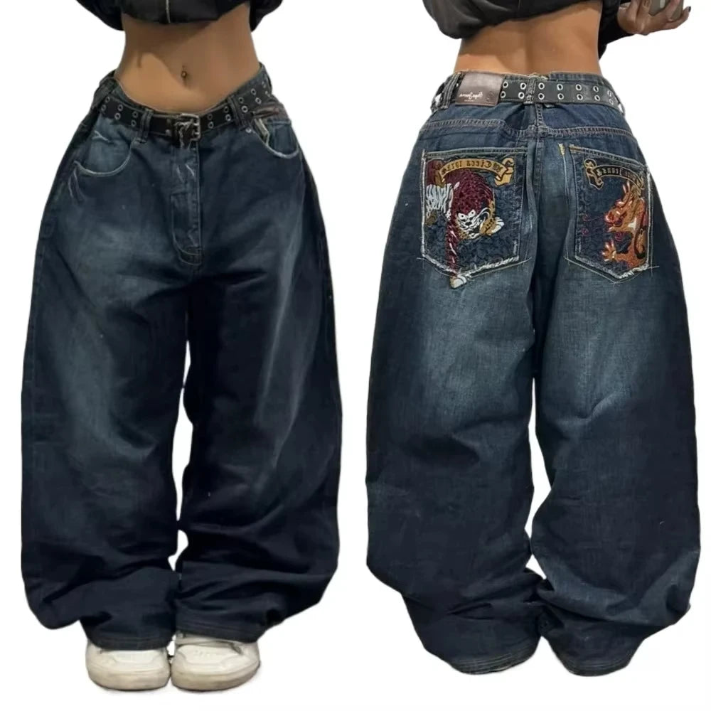 Harajuku Vintage Hip-hop Pop Letters Embroidered Washed Baggy Jeans Ladies Y2K Gothic Fashion Casual High Waist Wide Leg Pants
