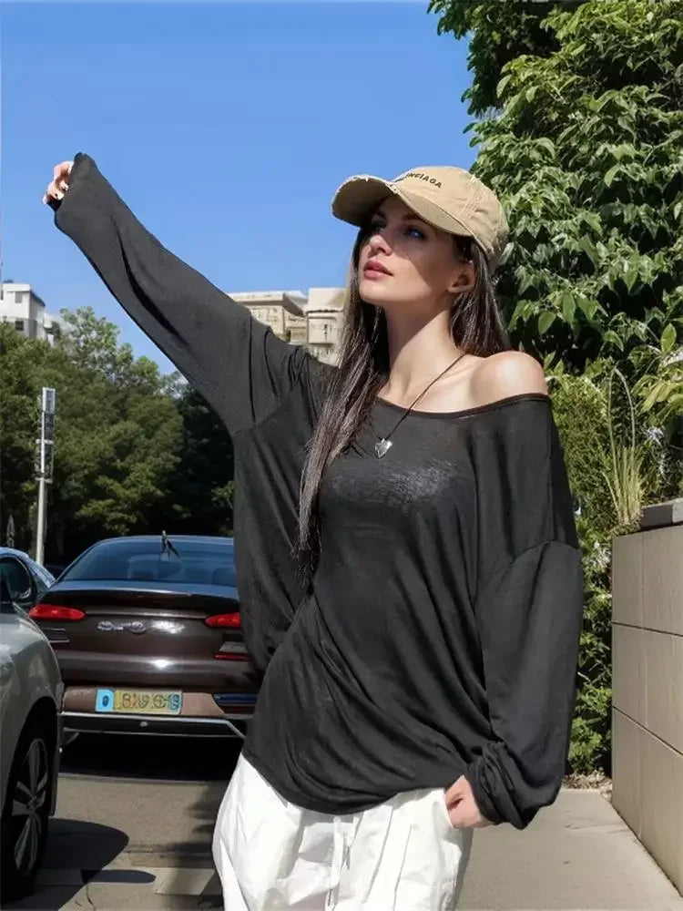 Sexy Sheer Baggy T-shirt for Women 2024 Summer Casual Fashion Loose Pullovers Chic Lazy Solid Color Off Shoulder Top Streetwear