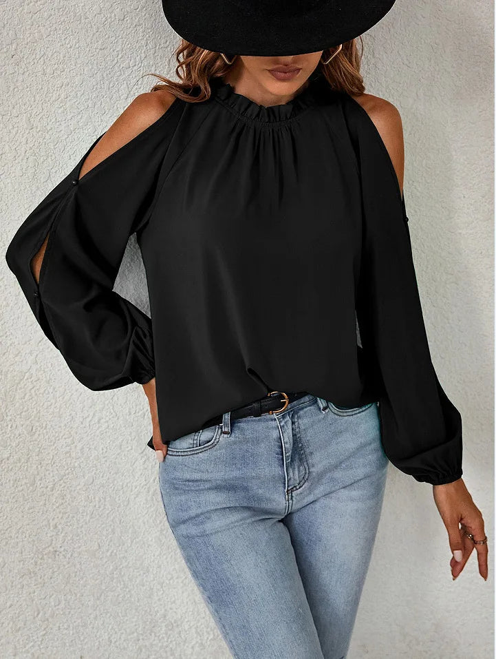 Fashion lotus leaf pleat semi high neck off shoulder hollowed out long sleeved top spring autumn women's elegant temperament top