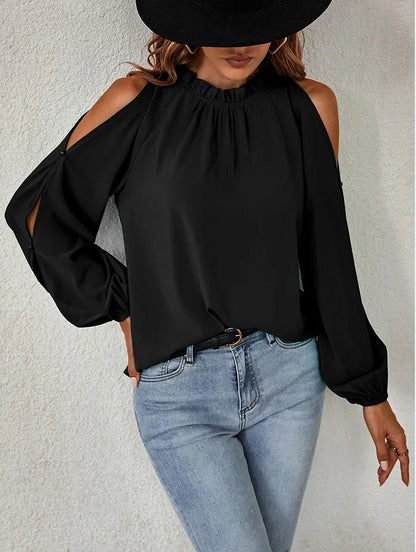 Fashion lotus leaf pleat semi high neck off shoulder hollowed out long sleeved top spring autumn women's elegant temperament top