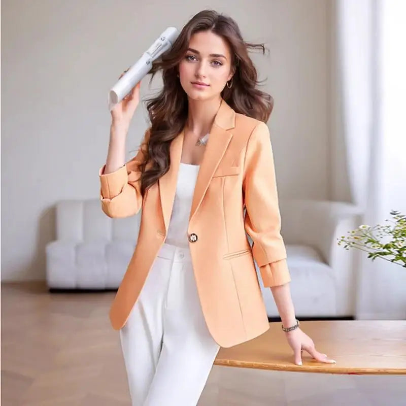 Elegant Solid Women's Blazer Long Sleeve Turn down Collar Slim Fit Office Jacket Single Button Spring Autumn Fashion