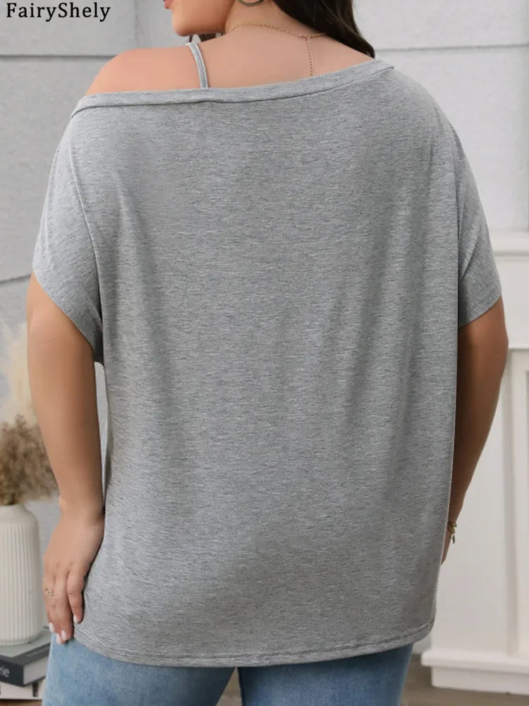 Fairyshely 2025 Summer Casual Solid Plus Size Top Women Off Shoulder Loose Large T-shirt Lady Short Sleeve Elegant Curvy Tops