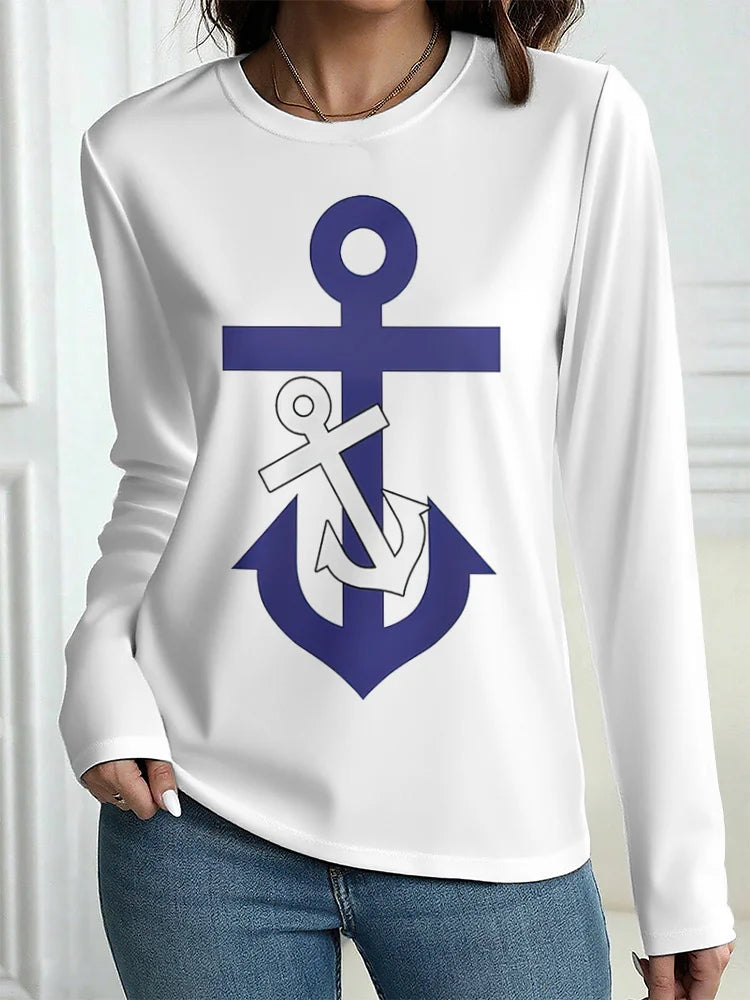 Women's T-Shirt Outdoor Casual Long Sleeve Pattern Print Street Crew Neck Fall Female Oversized Clothing Fashion T Shirts