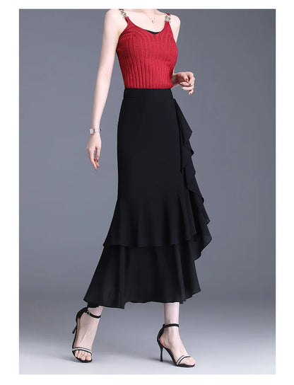 ZUZK Fashion Irregular Fishtail Chiffon Skirts Elegant High Waist Summer Luxury Party Skirt Female Ruffles Long Skirts