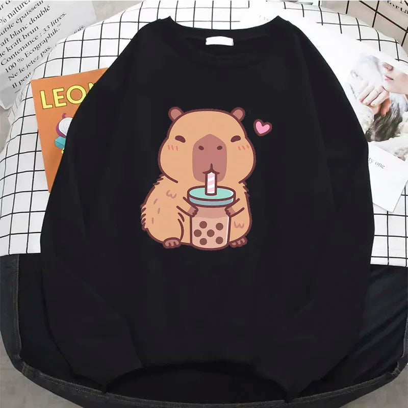 Crew Neck Capybara Hoodie O-Neck Fashion Women Cartoon Harajuku Aesthetic Graphic Hoodies Vintage Pullovers Sweatshirts