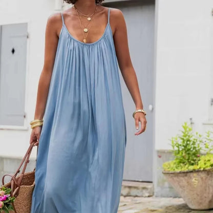 Mia Muse Dresses Spring Summer Basics Daily Folds Plain Sleeveless Scoop Neck Maxi Cami Vacation Dresses For Women