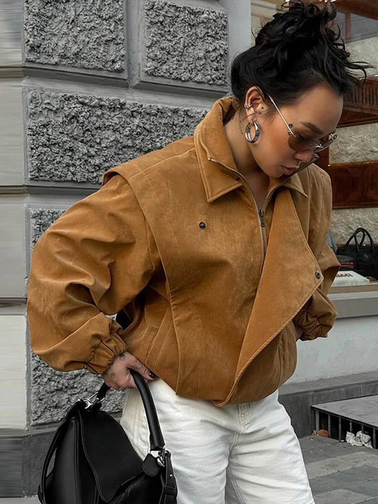 Locomotive Lapel Suede Jacket Women Lantern Long Sleeve Loose Fitting Patchwork Pilot Coats New Early Autumn Cool Girl Outerwear