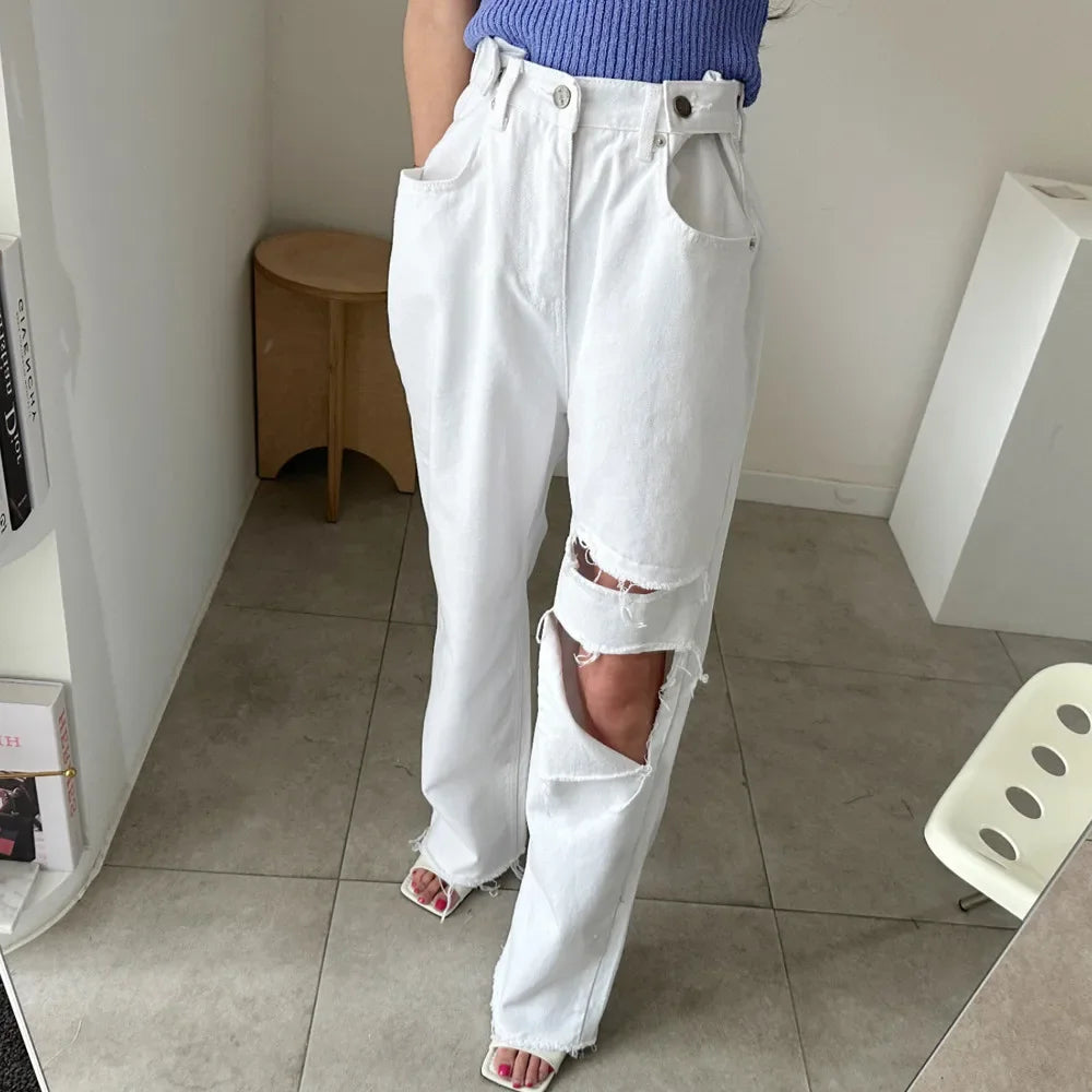 REALEFT 2025 New Hole Pink Women's Denim Wide Leg Pants High Waist Spring Summer Casual White Jeans Straight Trourses Female