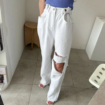 REALEFT 2025 New Hole Pink Women's Denim Wide Leg Pants High Waist Spring Summer Casual White Jeans Straight Trourses Female