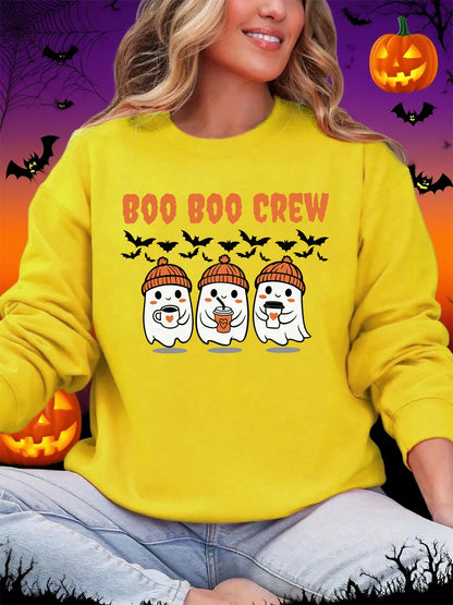 Boo Boo Crew Ghost Prints Halloween Sweatshirt Women Winter Fleece Warm Hoodies Crewneck Loose Pullovers Casual Soft Clothes
