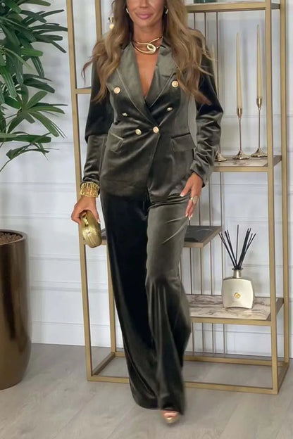 2025 Autumn Velvet Two Piece Sets Women Pant Set Suits Blazer Notched Collar Full Sleeve Double Breasted Coats+Long Pants