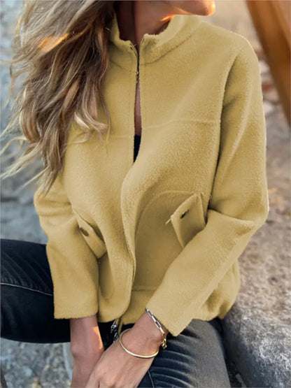 New Casual Zipper Cardigan Wool Jacket For Women's 2025 New Fashion Stand Collar Tether Pocket Loose Versatile Female Wool Coat