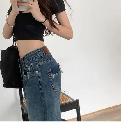 Vintage High-Waisted Wide-Leg Jeans Women's Spring New Loose-Fit Slimming Plus Size Pear-Shaped Body Straight-Leg Pants
