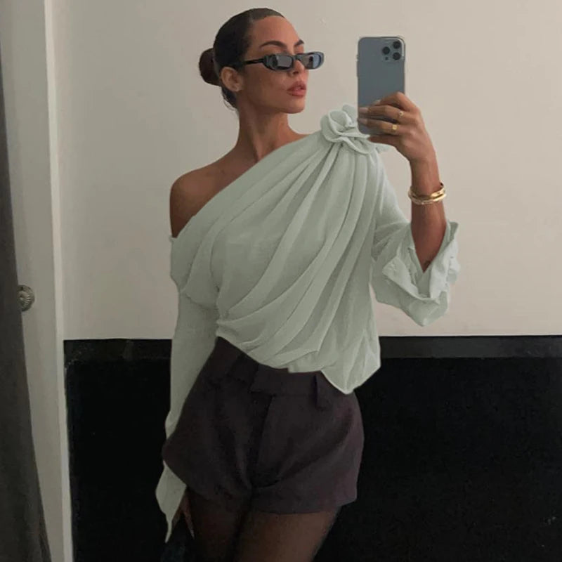 Candyhot Irregular Sexy Off Shoulder Oblique-neck Flower Applique T Shirt French Fashion Long Sleeve Crop Tops Chic Mesh Camis