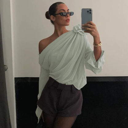 Candyhot Irregular Sexy Off Shoulder Oblique-neck Flower Applique T Shirt French Fashion Long Sleeve Crop Tops Chic Mesh Camis