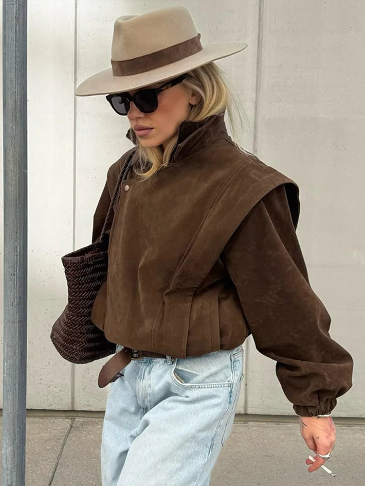 Locomotive Lapel Suede Jacket Women Lantern Long Sleeve Loose Fitting Patchwork Pilot Coats New Early Autumn Cool Girl Outerwear
