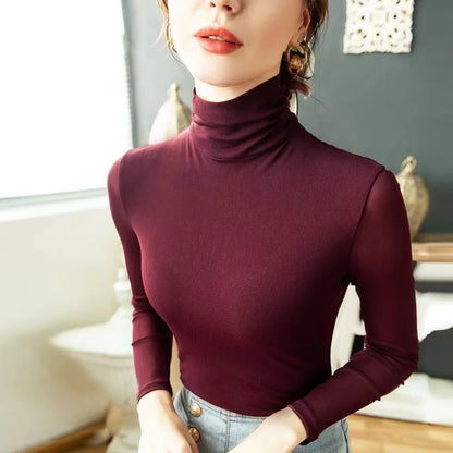 Women's Mesh T Shirt White Coffee Purple S-4XL High-neck Long Sleeve Shirt Women Slim Stretch Bottoming Tops Sexy Tees Ladies