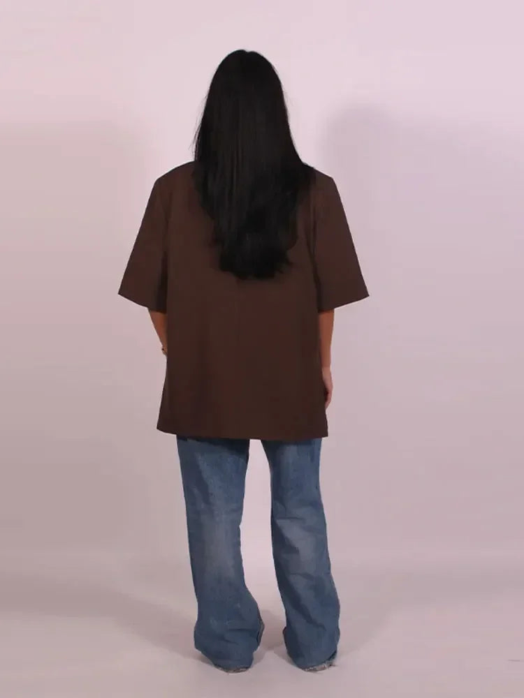 Fashion Lapel Suit Jacket Women Casual Loose Short Sleeve Office Lady Coat 2025 New Chic Autumn Single Button Oversize Jacket