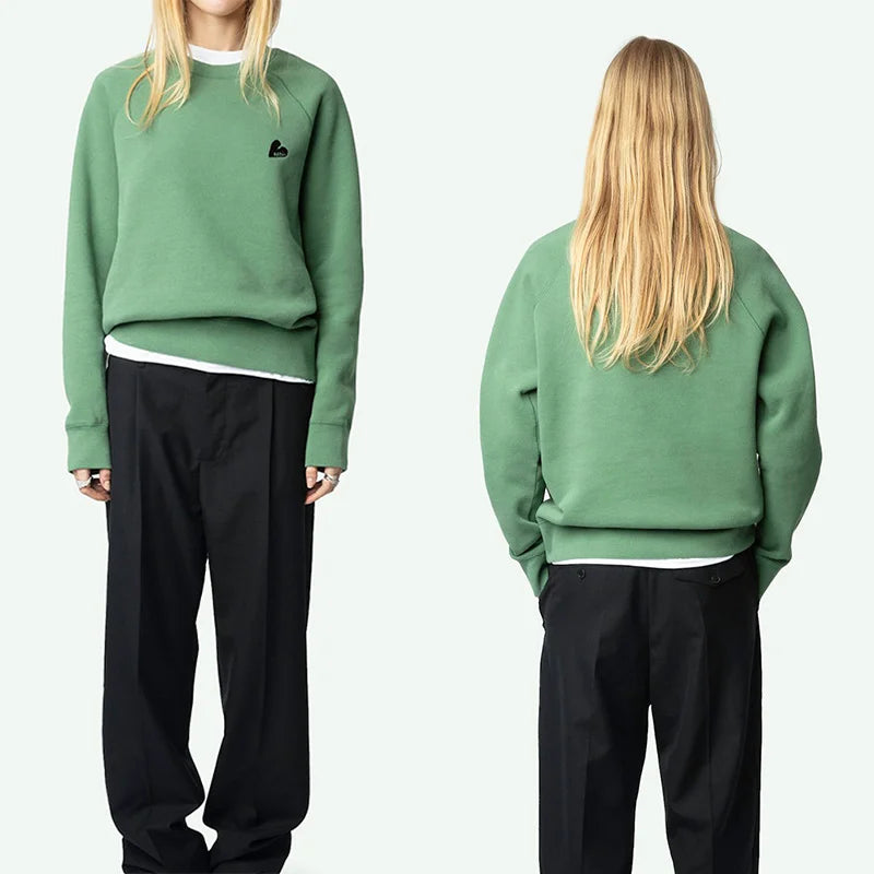 Green Sweatshirt Women Crew Neck Cotton Sweatshirt Long Sleeve Tops Female Casual Love Embroidery Pullovers 2025 New Pullover