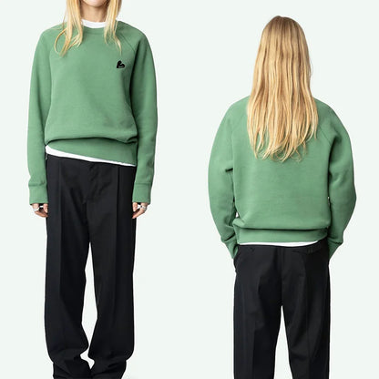 Green Sweatshirt Women Crew Neck Cotton Sweatshirt Long Sleeve Tops Female Casual Love Embroidery Pullovers 2025 New Pullover