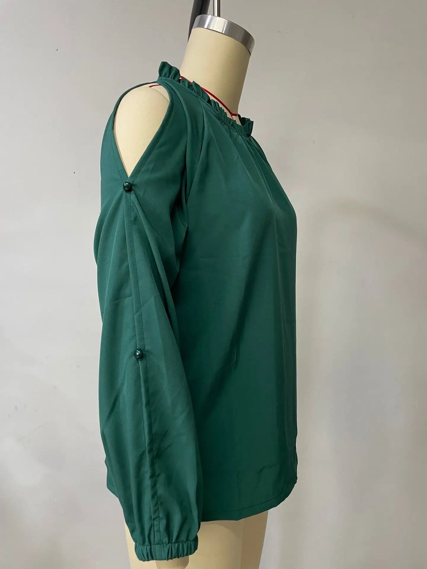 Fashion lotus leaf pleat semi high neck off shoulder hollowed out long sleeved top spring autumn women's elegant temperament top