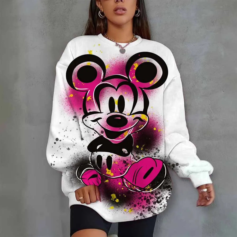 Disney Mickey Mouse Heart Print Crew Neck T shirt Casual Long Autumn winter top women's long sleeved T-shirt loose comfortable