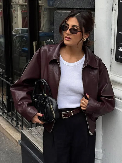 Retro Wine Red Pu Leather Short Jacket Women Chic Lapel Collar Zipper Button Loose Overcoats Autumn Ladies High Street Outerwear