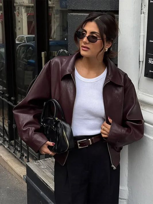 Retro Wine Red Pu Leather Short Jacket Women Chic Lapel Collar Zipper Button Loose Overcoats Autumn Ladies High Street Outerwear